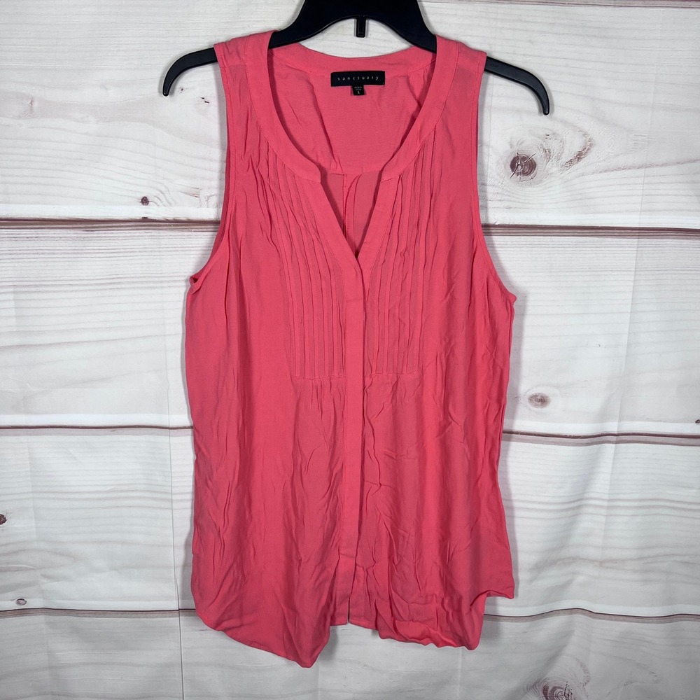 Sanctuary Tank Top Women L Pink Sleeveless Pleated V-Neck Button Up Blouse Woven